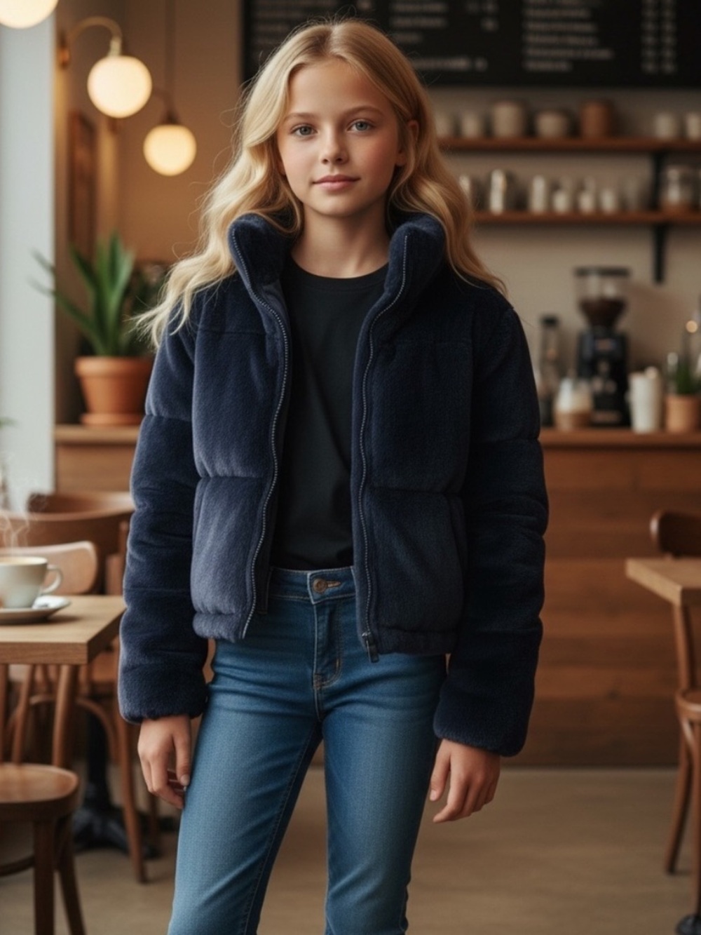 Apparis Billie Faux Fur Jacket Coat Stand Collar Navy Blue Size 10Y